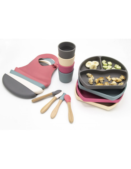 UP-bj_7283,Set diversificare 4 piese din silicon BabyJem: bavetica, farfurie, lingurita si pahar (Culoare: Ecru)