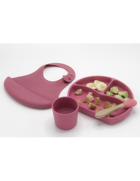 UP-bj_7283,Set diversificare 4 piese din silicon BabyJem: bavetica, farfurie, lingurita si pahar (Culoare: Ecru)