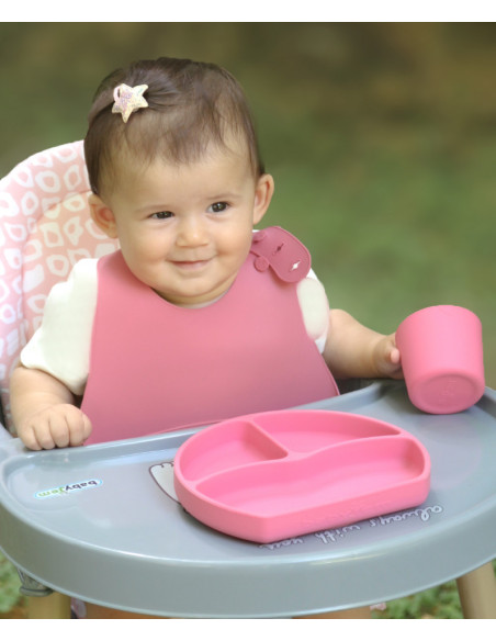 UP-bj_7283,Set diversificare 4 piese din silicon BabyJem: bavetica, farfurie, lingurita si pahar (Culoare: Ecru)