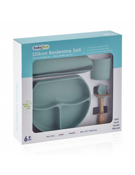 UP-bj_7281,Set diversificare 4 piese din silicon BabyJem: bavetica, farfurie, lingurita si pahar (Culoare: Gri)