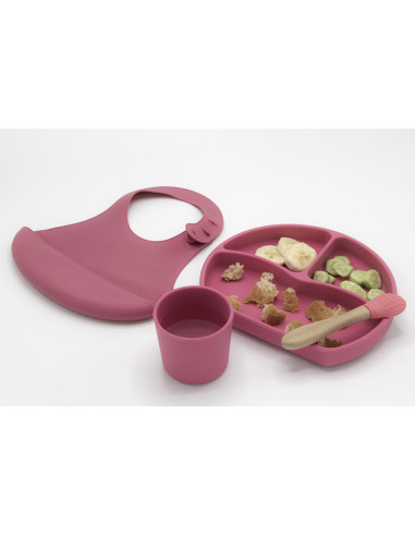 UP-bj_7282,Set diversificare 4 piese din silicon BabyJem: bavetica, farfurie, lingurita si pahar (Culoare: Roz)