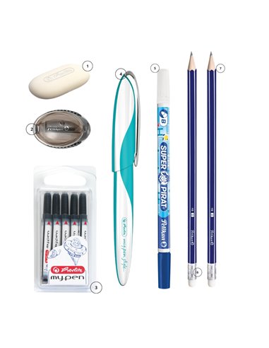 EAN-5555,Set stilou Herlitz My pen Style turcoaz, rezerve My Pen, creioane HB, radiera, carioca corectoare, ascutitoare Pelikan