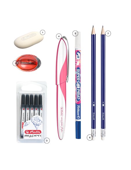 EAN-5548,Set stilou Herlitz My pen Style roz, rezerve My Pen, creioane HB, radiera, carioca corectoare, ascutitoare Pelikan