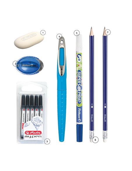 EAN-5531,Set stilou Herlitz albastru/neon, rezerve My Pen, creioane HB, radiera, carioca corectoare, ascutitoare Pelikan