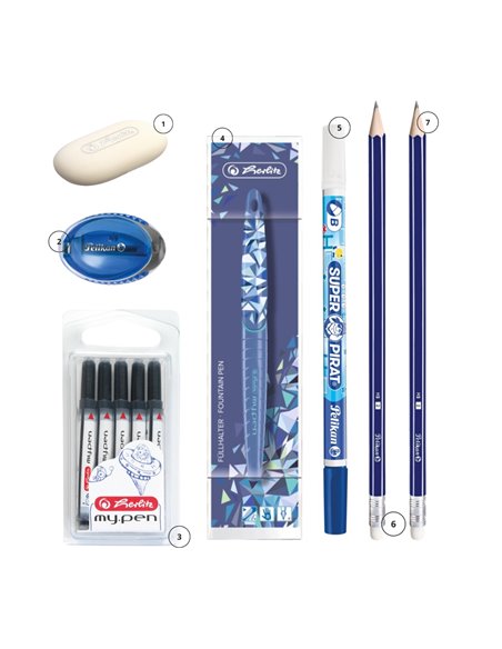 EAN-5562,Set stilou Herlitz Wild Animals Wolf, rezerve My Pen, creioane HB, radiera, carioca corectoare, ascutitoare Pelikan