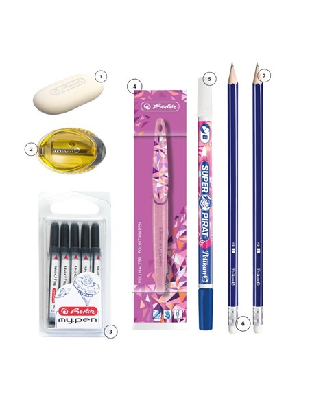 EAN-5579,Set stilou Herlitz Wild Animals Lynx, rezerve My Pen, creioane HB, radiera, carioca corectoare, ascutitoare Pelikan