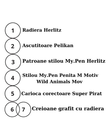 EAN-5579,Set stilou Herlitz Wild Animals Lynx, rezerve My Pen, creioane HB, radiera, carioca corectoare, ascutitoare Pelikan