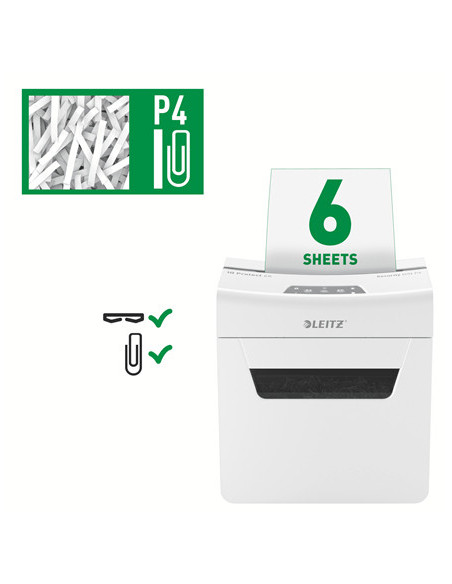 80900000,Distrugator manual documente Leitz IQ Protect 6X, 6 coli, P4, cross-cut (tip confeti), cos 10 litri, alb, Leitz "880900