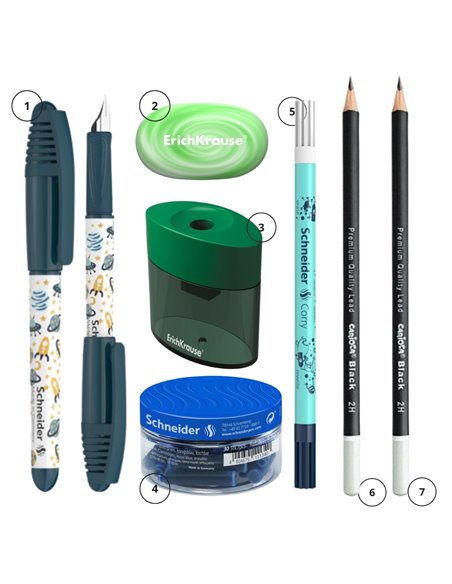 EAN-015593,Set stilou Schneider Zippi verde, patroane, pic, creioane Carioca, radiera, ascutitoare Erichkrause