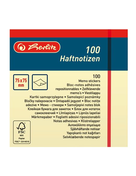 0790287,Bloc notite adezive Herlitz, 75 x 75 mm, 100 file, galben