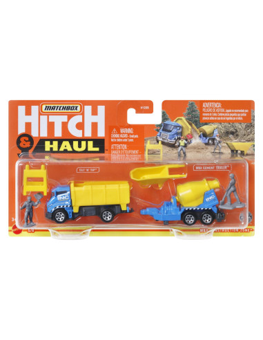 MTH1235_HFH84,Matchbox Hitch&haul Set 2 Vehicule Mbx Construction Zone Tilt N Tip Mbx Cement Trailer Scara 1:64