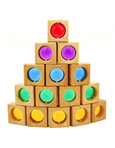 Bauspiel-0225,Set 25 cuburi din lemn cu fereastra colorata, Bauspiel