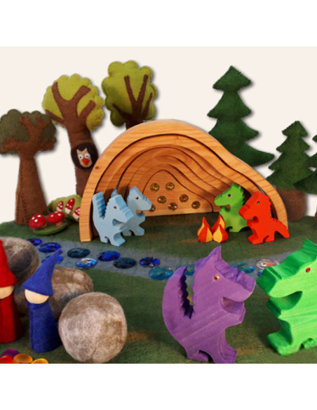Bauspiel-0126,Set Pestera Dragonului, 11 piese din lemn, Bauspiel