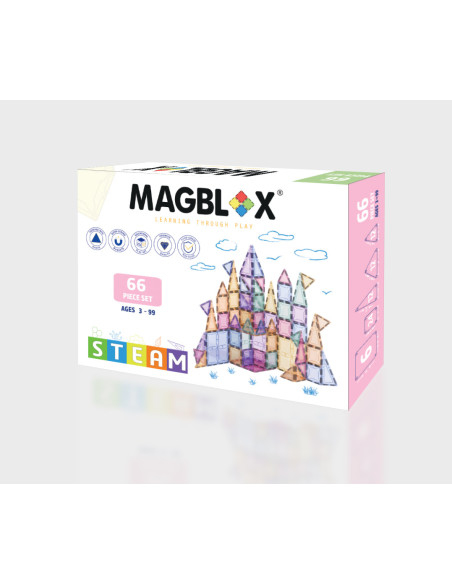 MBL-102,Set magnetic Magblox - 66 piese magnetice de constructie PASTEL transparente