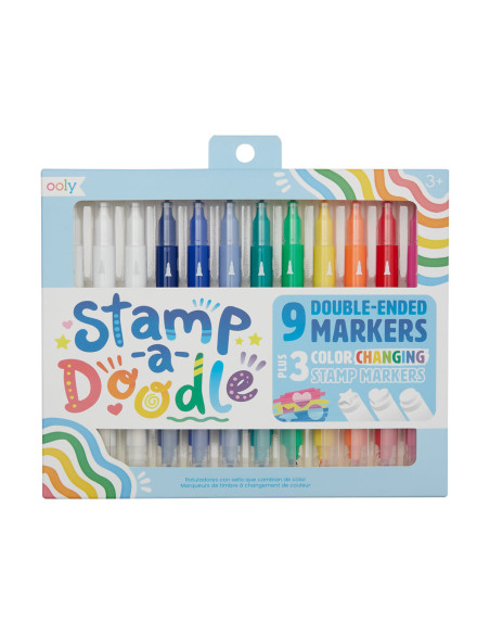 130-100,Carioci duble cu stampile Stamp-A-Doodle - set de 9 culori si 3 care schimba culoarea