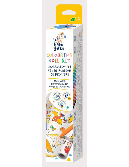CS223067,Kit rola de desenat 3 m si 12 creioane colorate cerate, Haku Yoka - Dinozauri
