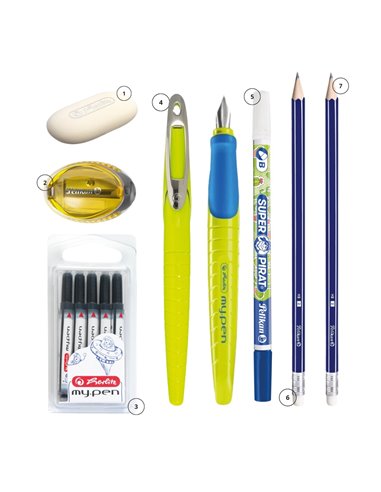 EAN-015623,Set stilou Herlitz My pen neon/albastru, rezerve My Pen, creioane HB, radiera, ascutitoare Pelikan