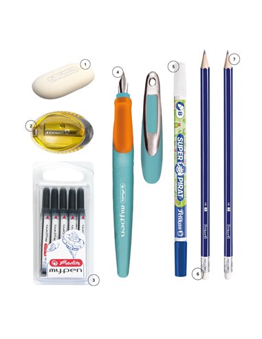 EAN-015616,Set stilou Herlitz My pen turcoaz/portocaliu, rezerve My Pen, creioane HB, radiera, ascutitoare Pelikan