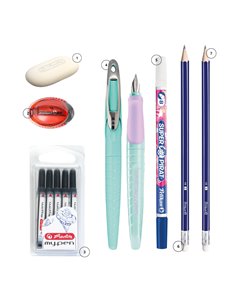 EAN-015630,Set stilou Herlitz My pen bleu/roz, rezerve My Pen, creioane HB, radiera, ascutitoare Pelikan
