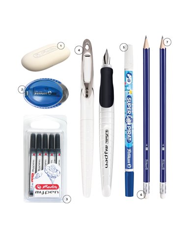 EAN-015647,Set stilou Herlitz My pen alb/negru, rezerve My Pen, creioane HB, radiera, ascutitoare Pelikan