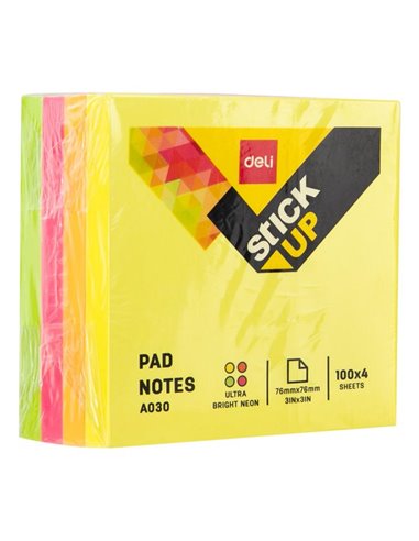 DLEA03003,Notes adeziv DELI 76X76mm 400 Buc./Set, 4 culori Neon/Set