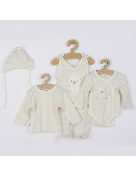 BN-41168,Set 4 piese: bluza, body cu maneca lunga, salopeta fara maneci, caciulita, Marime 56, Din bumbac 100%, New Baby, Sweet 