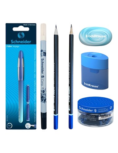 EAN-015685,Set stilou Schneider Voyage bleu, patroane, pic, creioane Carioca, radiera, ascutitoare Erichkrause