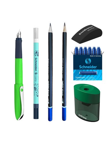 EAN-015760,Set stilou Schneider Wavy verde, patroane, pic, creioane Carioca, radiera, ascutitoare Erichkrause