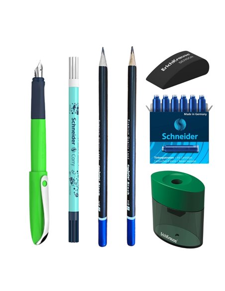EAN-015760,Set stilou Schneider Wavy verde, patroane, pic, creioane Carioca, radiera, ascutitoare Erichkrause