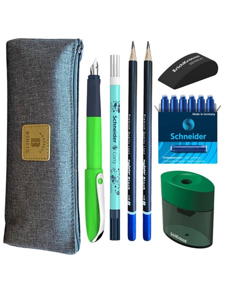 EAN-015760,Set stilou Schneider Wavy verde, patroane, pic, creioane Carioca, radiera, ascutitoare Erichkrause