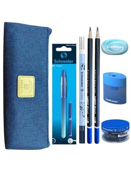 EAN-015685,Set stilou Schneider Voyage bleu, patroane, pic, creioane Carioca, radiera, ascutitoare Erichkrause