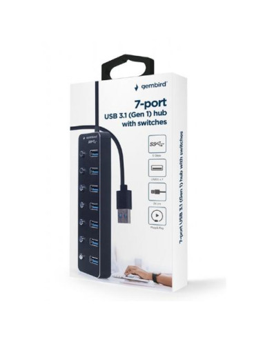 RY-UHB-U3P7P-01,HUB extern GEMBIRD, porturi USB: USB 3.1 x 7, conectare prin USB, cu on/off, cablu 0,24 m, negru, "UHB-U3P7P-01"