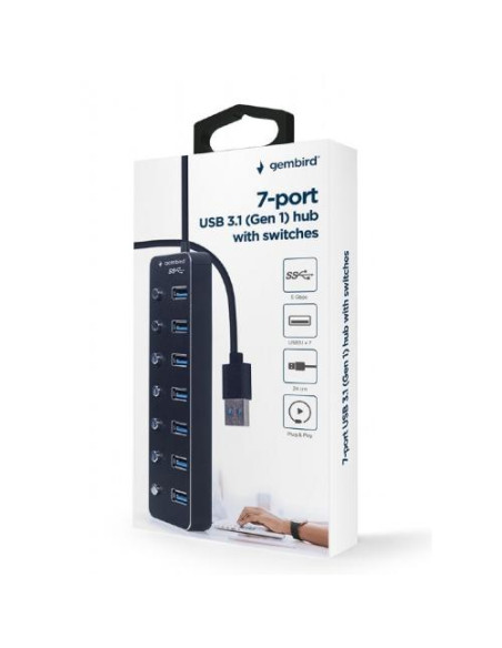 RY-UHB-U3P7P-01,HUB extern GEMBIRD, porturi USB: USB 3.1 x 7, conectare prin USB, cu on/off, cablu 0,24 m, negru, "UHB-U3P7P-01"