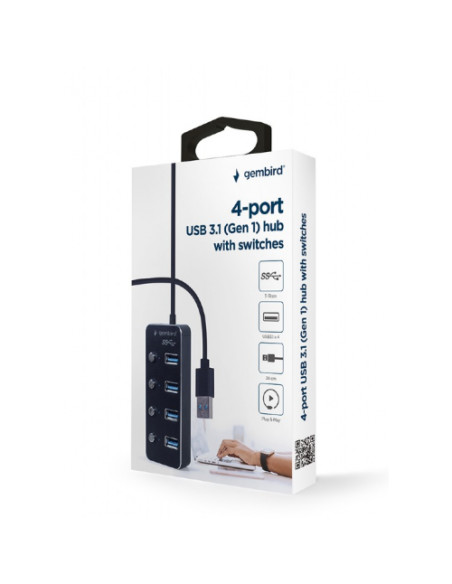 RY-UHB-U3P4P-01,HUB extern GEMBIRD, porturi USB: USB 3.1 x 4, conectare prin USB, cu on/off, cablu 0,24 m, negru, "UHB-U3P4P-01"