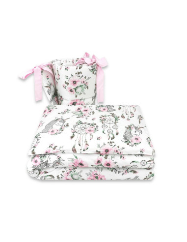 BN-6426972015431,Qmini - Lenjerie patut 3 piese, Cu protectie laterala, Din bumbac certificat Oeko Tex Standard 100, Pentru patu