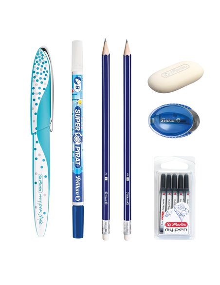 EAN-015845,Set stilou Herlitz My pen Style turcoaz, rezerve My Pen, creioane HB, radiera, ascutitoare Pelikan