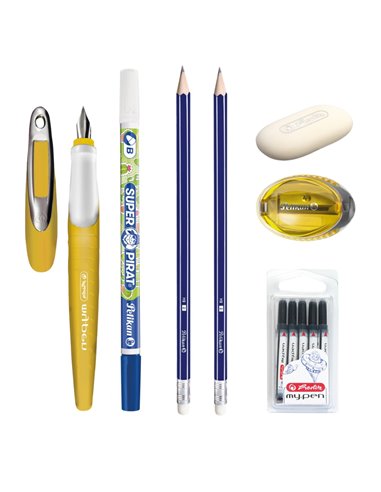EAN-015869,Set stilou Herlitz My pen galben, rezerve My Pen, creioane HB, radiera, ascutitoare Pelikan