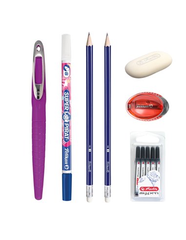 EAN-015852,Set stilou Herlitz My pen mov, rezerve My Pen, creioane HB, radiera, ascutitoare Pelikan