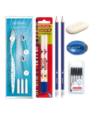 EAN-015906,Set stilou Herlitz My pen Style caligrafie turcoaz, rezerve, creioane, radiera, pic, ascutitoare Pelikan