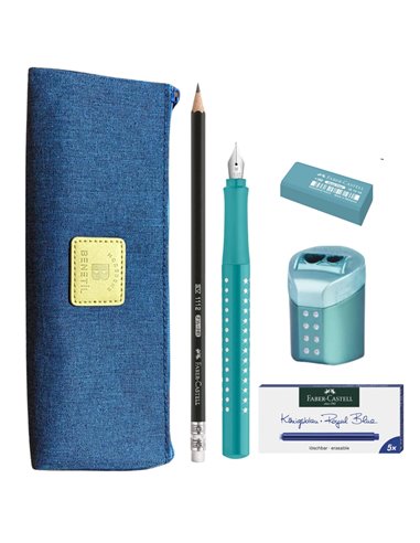 EAN-015920,Set stilou Faber-Castell Sparkle Turcoaz penita M, patroane, creioane HB, radiera, ascutitoare
