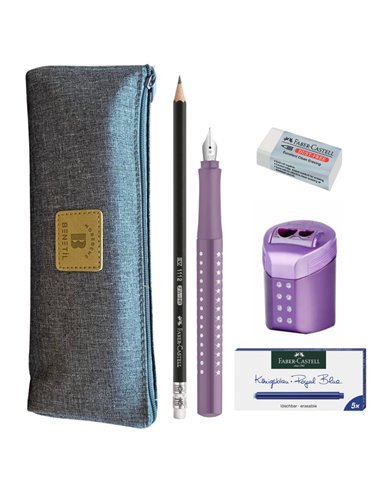 EAN-015968,Set stilou Faber-Castell Sparkle Violet penita F, patroane, creion HB, radiera, ascutitoare