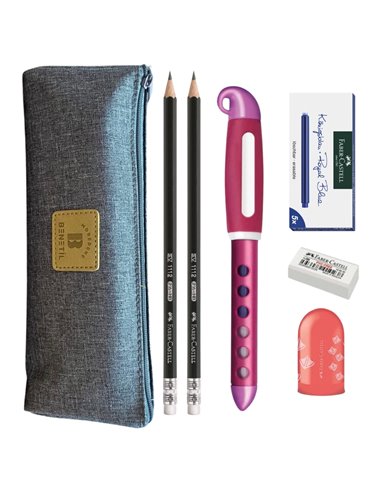 EAN-015944,Set stilou Faber-Castell Scribolino roz/blackberry, rezerve, creioane, radiera, ascutitoare