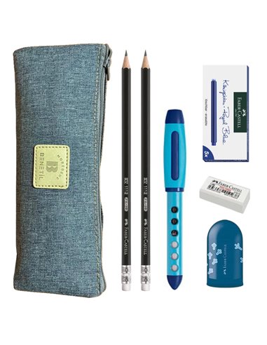 EAN-015951,Set stilou Faber-Castell Scribolino albastru, rezerve, creioane, radiera, ascutitoare