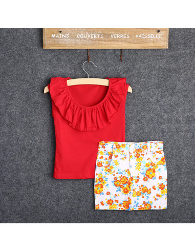 UP-drl89,Set tricou rosu cu volanas si fusta cu floricele