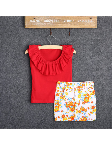 UP-drl89,Set tricou rosu cu volanas si fusta cu floricele