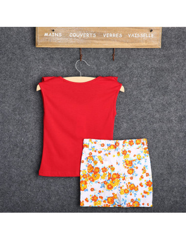 UP-drl89,Set tricou rosu cu volanas si fusta cu floricele