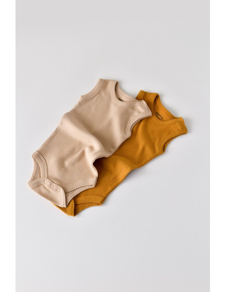 UP-BC-CSYM11104-0,Set de 2 body-uri fara maneci din bumbac organic si modal - Mustar/Somon