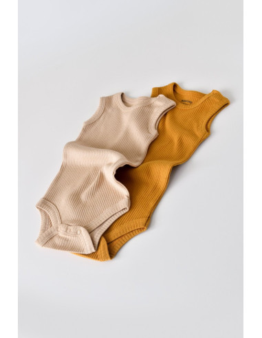 UP-BC-CSYM11104-0,Set de 2 body-uri fara maneci din bumbac organic si modal - Mustar/Somon