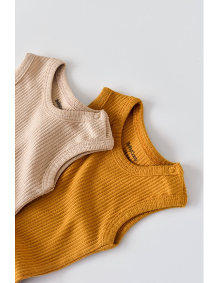 UP-BC-CSYM11104-0,Set de 2 body-uri fara maneci din bumbac organic si modal - Mustar/Somon