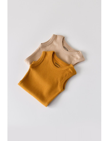 UP-BC-CSYM11104-0,Set de 2 body-uri fara maneci din bumbac organic si modal - Mustar/Somon